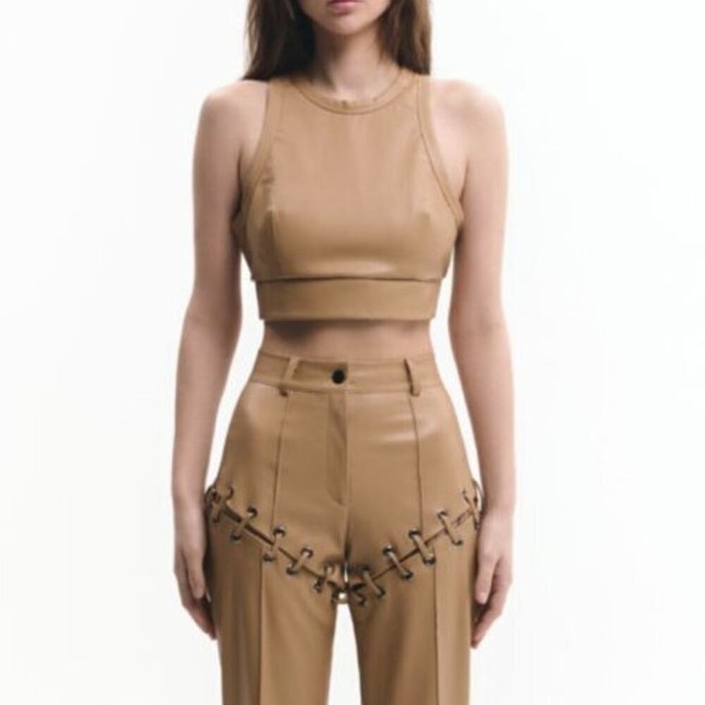 LIKA Faux Leather Crop Top -Beige-Small-Streetwear-Luxury Grunge Glamour - Picture 3 of 10